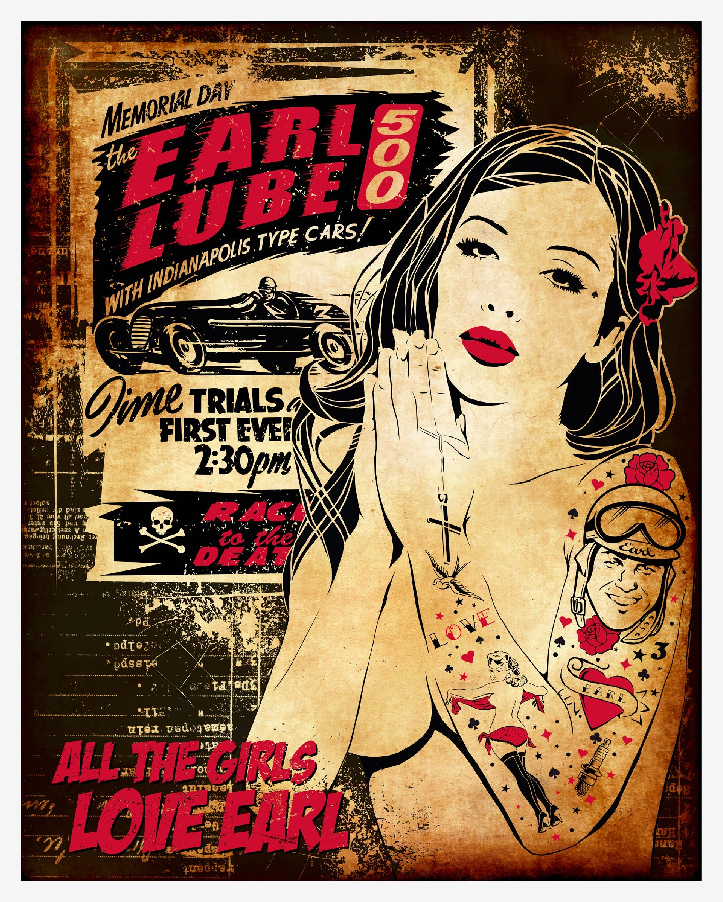 Earl Lube 500 Sticker: A collaboration between Earl Lee and German stencil artist Mittenimwald. This sticker showcases a topless praying beauty against a vintage burnt paper backdrop, alongside the "Earl Lube 500" event poster, complemented by the timeless "All The Girls Love Earl" slogan at the bottom.