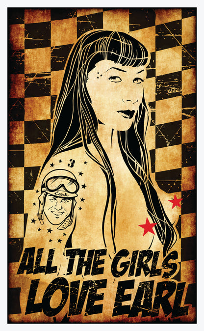 Erika Loves Earl Sticker: A collaboration between Earl Lee and German stencil artist Mittenimwald. Featuring a topless Erika with an Earl tattoo against a vintage burnt paper checkered flag backdrop, adorned with the classic "All The Girls Love Earl" slogan at the bottom.