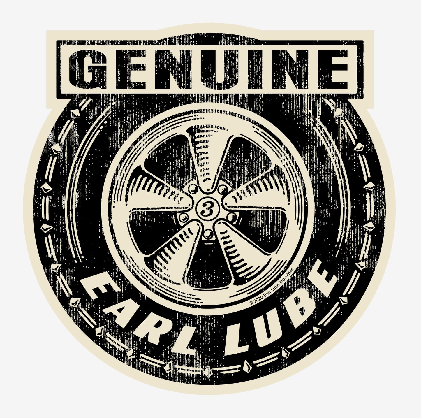 Genuine Earl Lube Sticker: Inspired by a vintage pie crust slick and classic five-spoke American Racing mag wheel, reminiscent of my favorite childhood sticker adorning my Dad's race car.