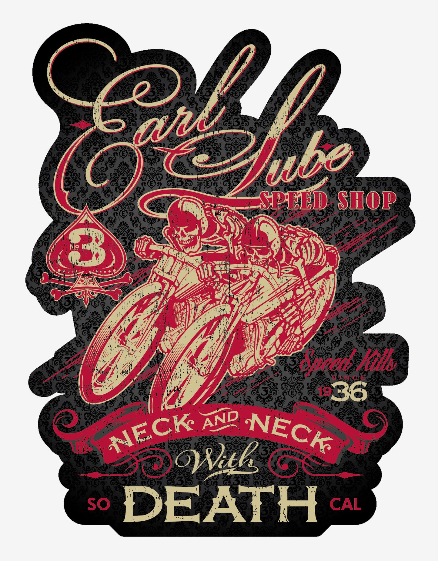 Neck & Neck With Death Sticker: Depicting two skeleton racers on vintage board track motorcycles engaged in a thrilling race to the end.