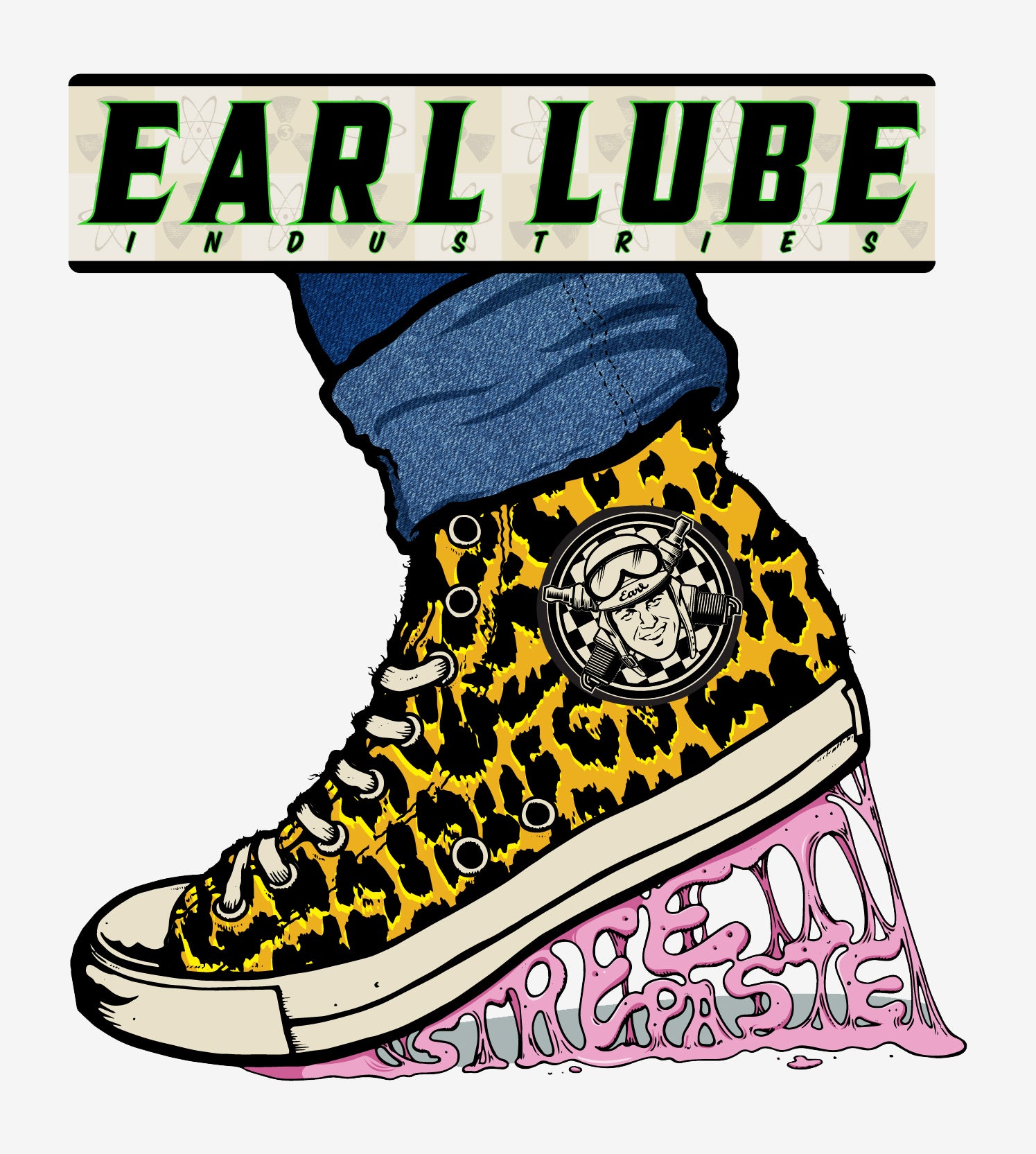 Earl Lube Paste Chuck: Earl Lee's branded rendition of the iconic Converse Chuck Taylor All Star tennis shoe, featuring pink bubble gum "street paste" adhered to the bottom. The addition of a leopard skin pattern infuses Earl's whimsical humor into the design, making it truly distinctive. 